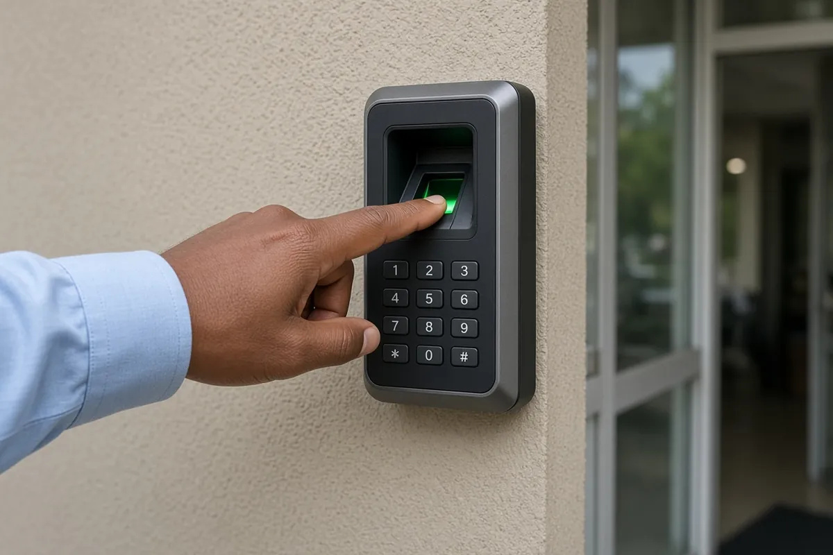 Staff member using a fingerprint and keypad reader at an office entrance
