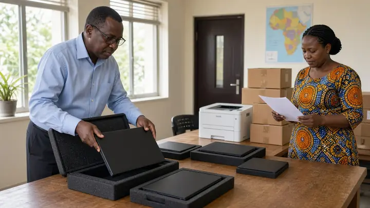 Office staff unpacking newly delivered laptops and a printer