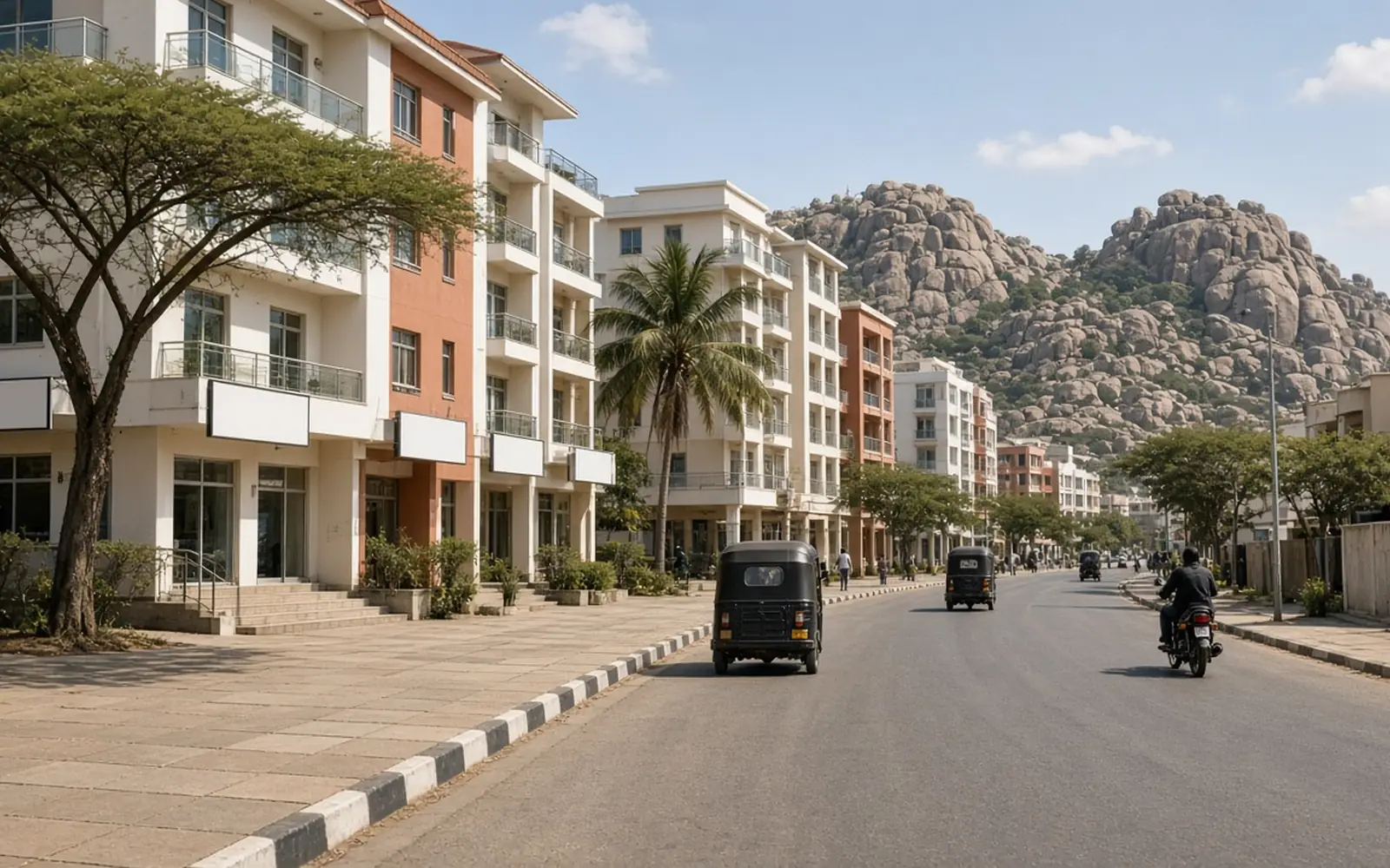 Commercial street in Mwanza with offices, shops, bajaji and granite hills behind