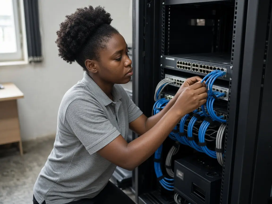 Technician patching network cables into a switch in a network cabinet