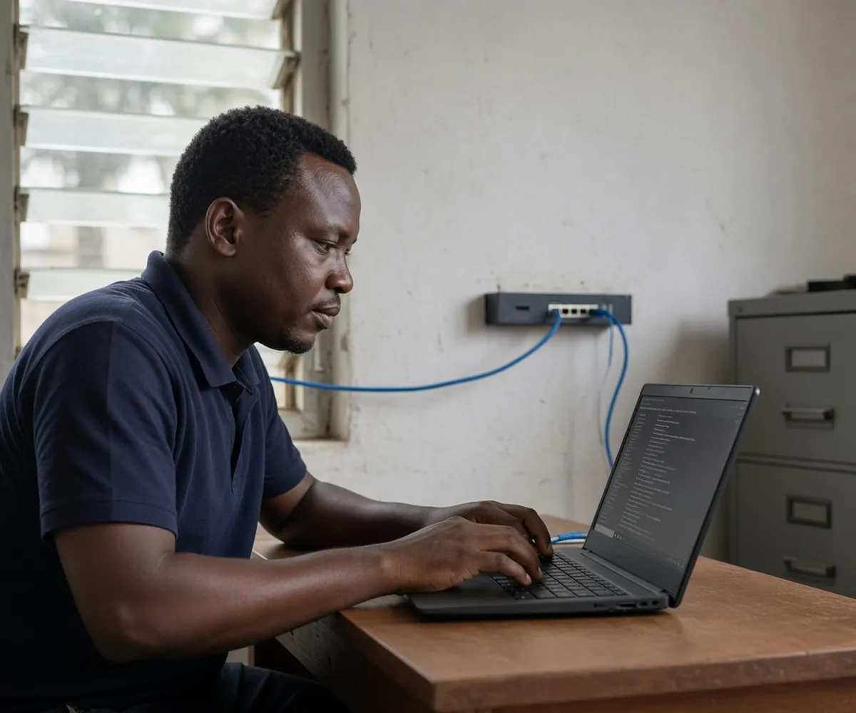 Technician configuring a laptop connected to an office network switch