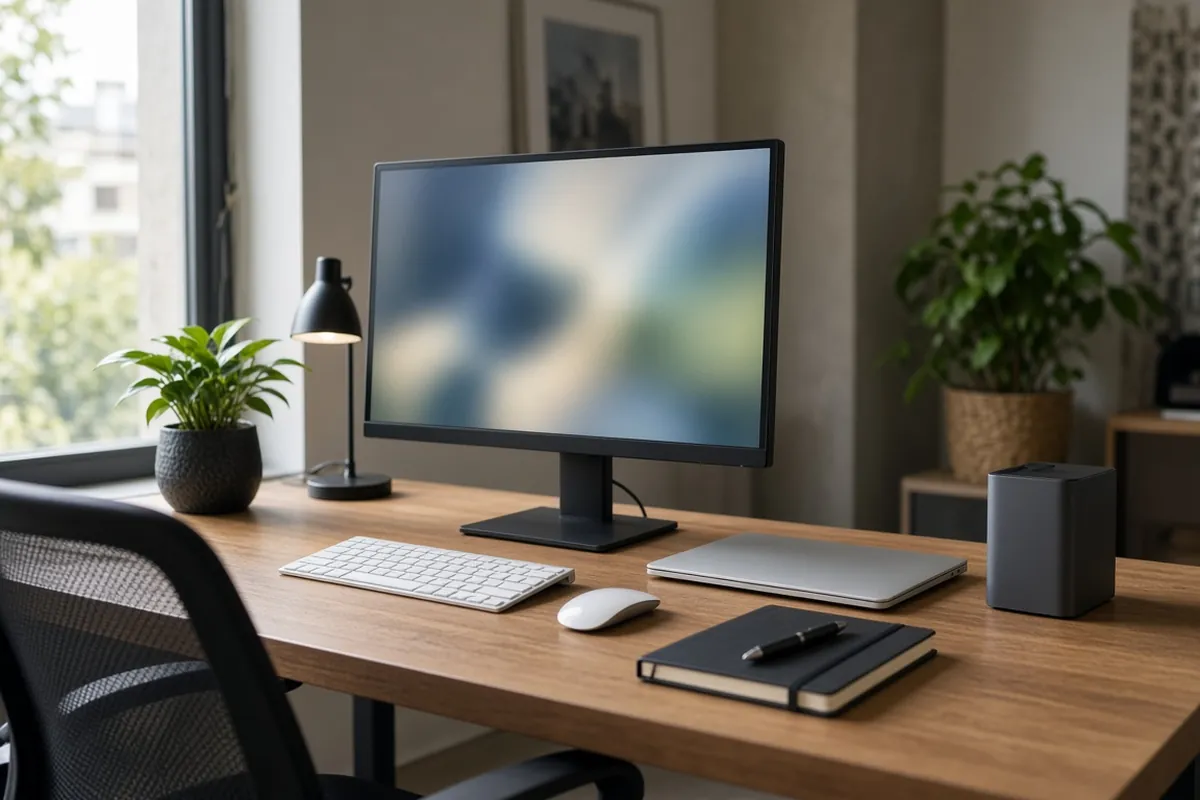 Office workstation with a monitor, laptop, keyboard, mouse and desktop unit